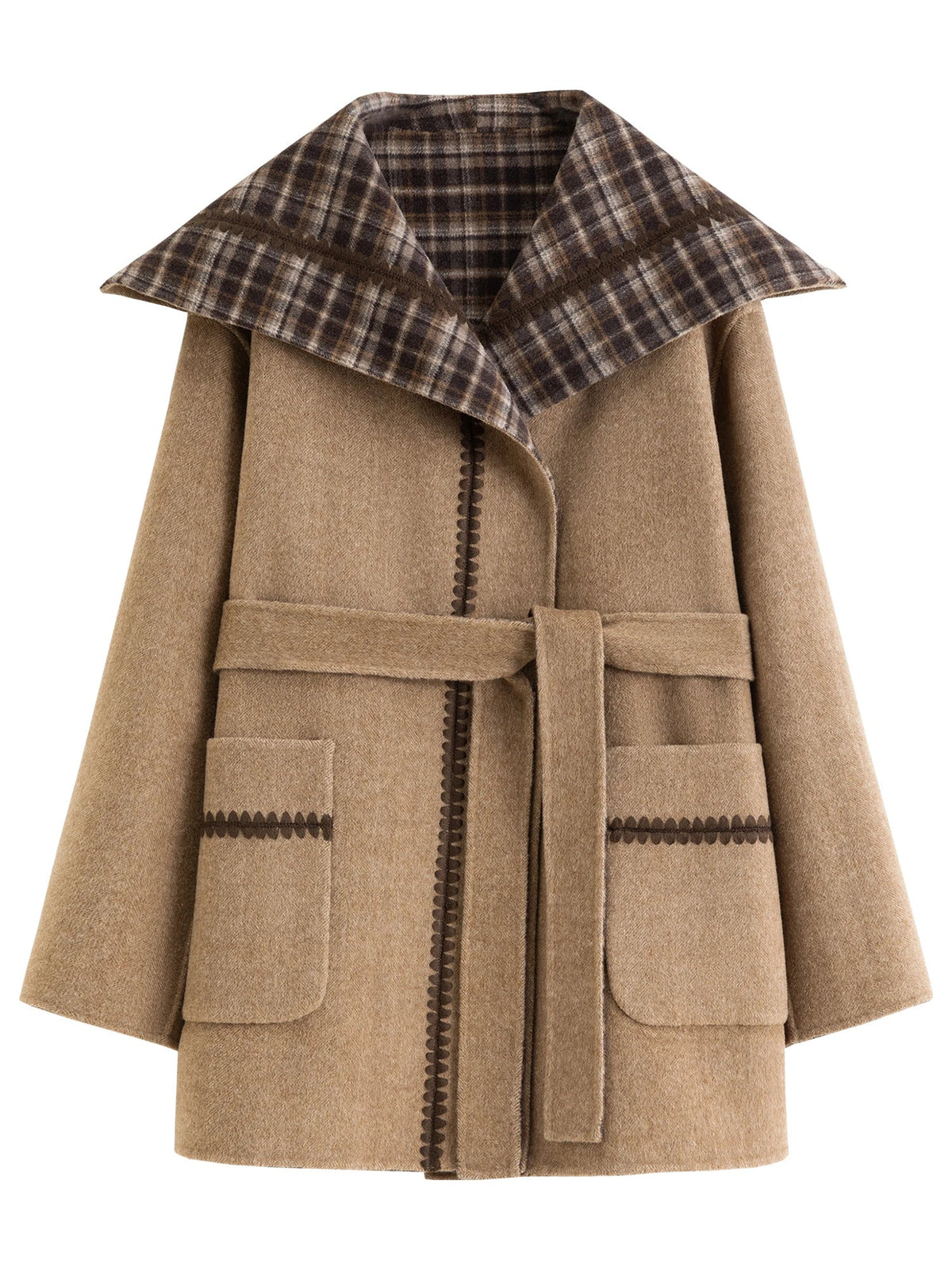 Damen Kurzmantel mit Gürtel, Kariertem Kragen und Stickerei, Braun/Grau
