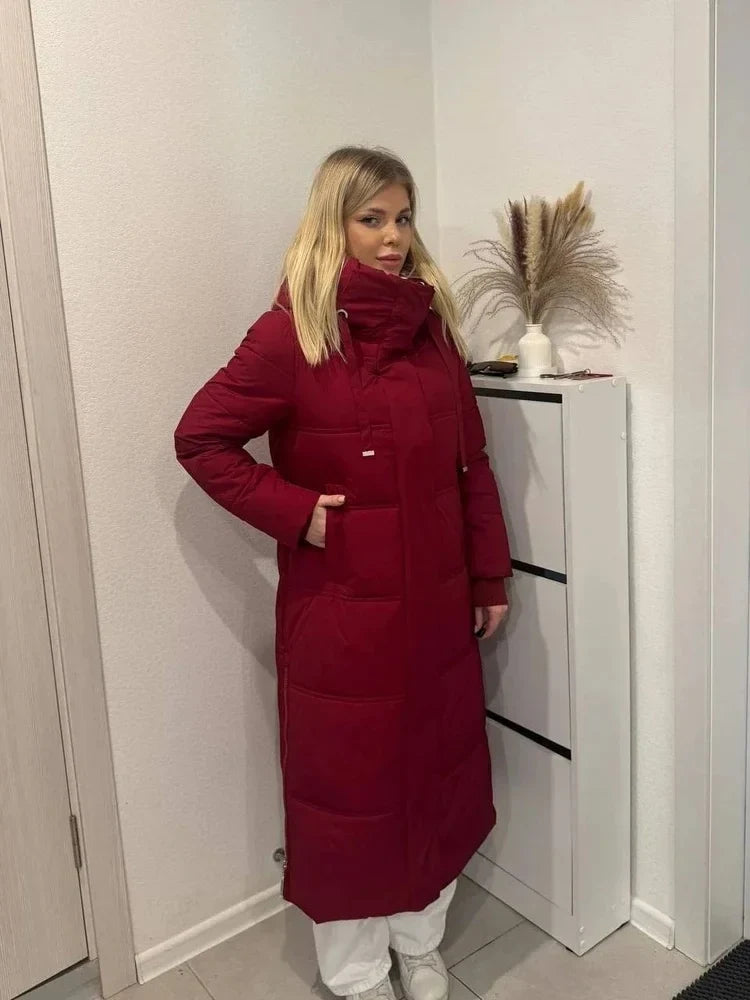 Long quilted coat with hood in red-burgundy