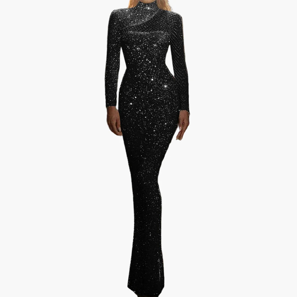 Damen Abendkleid Elegant Glitzer Langarm Bodycon Gala Party