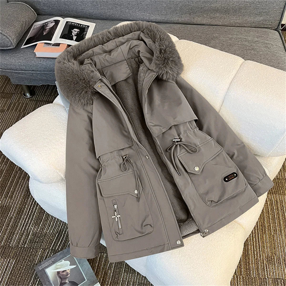 Women's winter parka with hood, faux-fur lining, drawstring, warm jacket