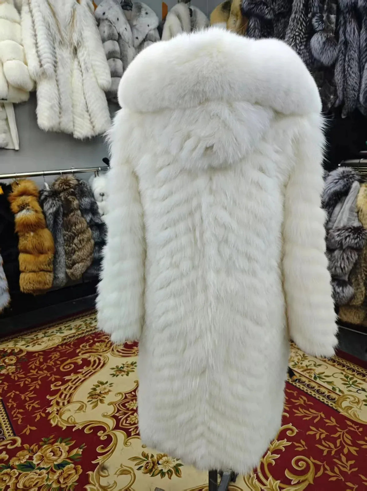 Women's long faux fur coat with hood, gray-black