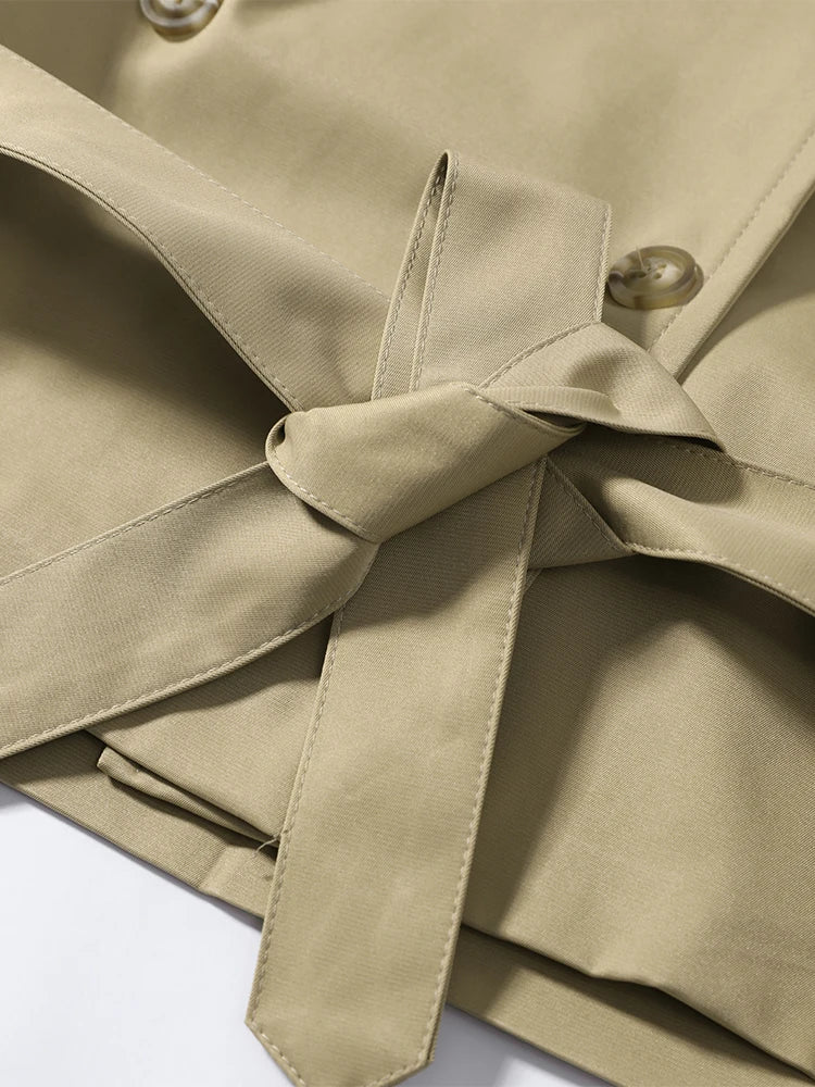 Damen Kurzmantel Jacke Beige Doppeltreiher Wickelgürtel Stehkragen
