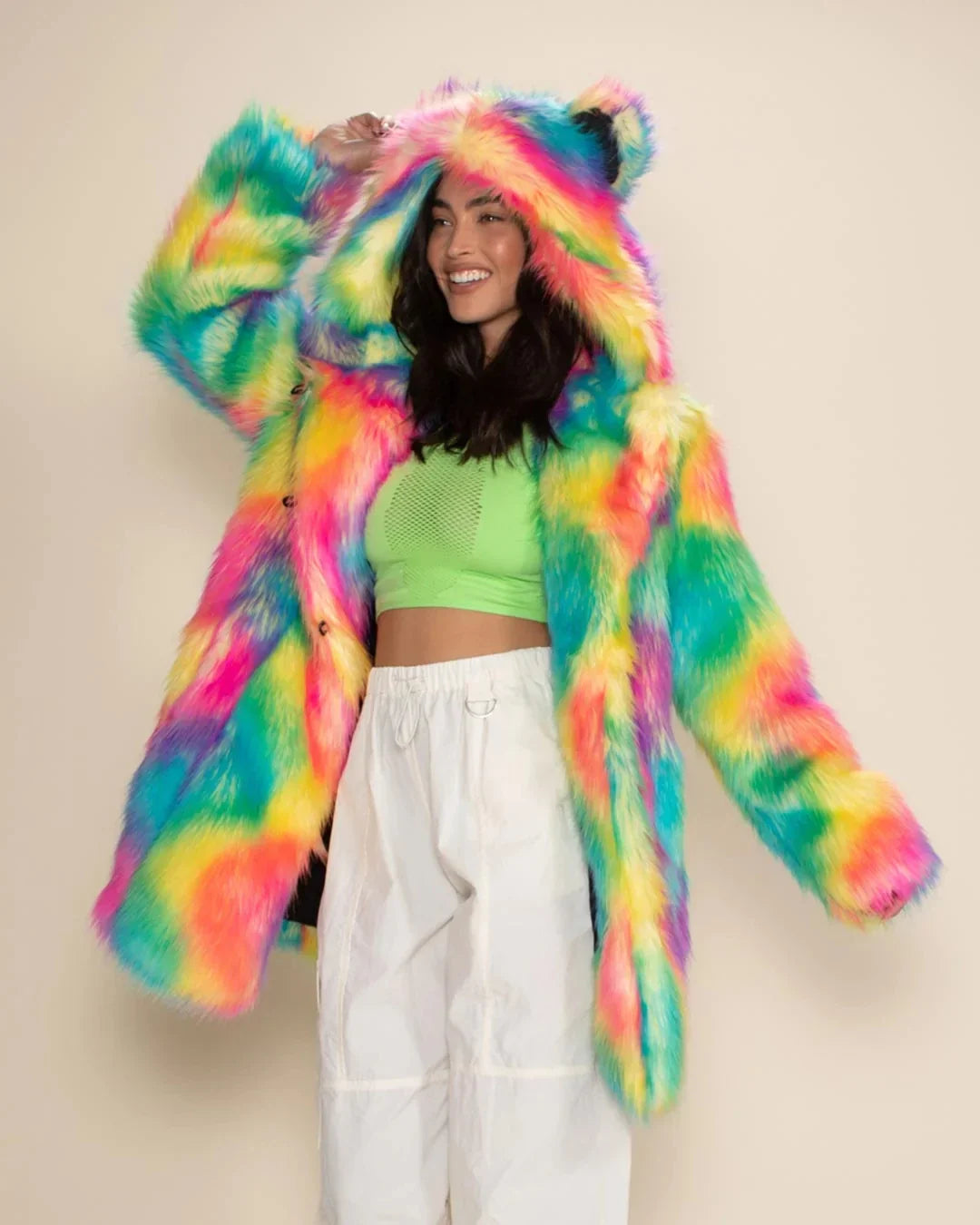 Colorful teddy plush coat with hood and ears, rainbow colors