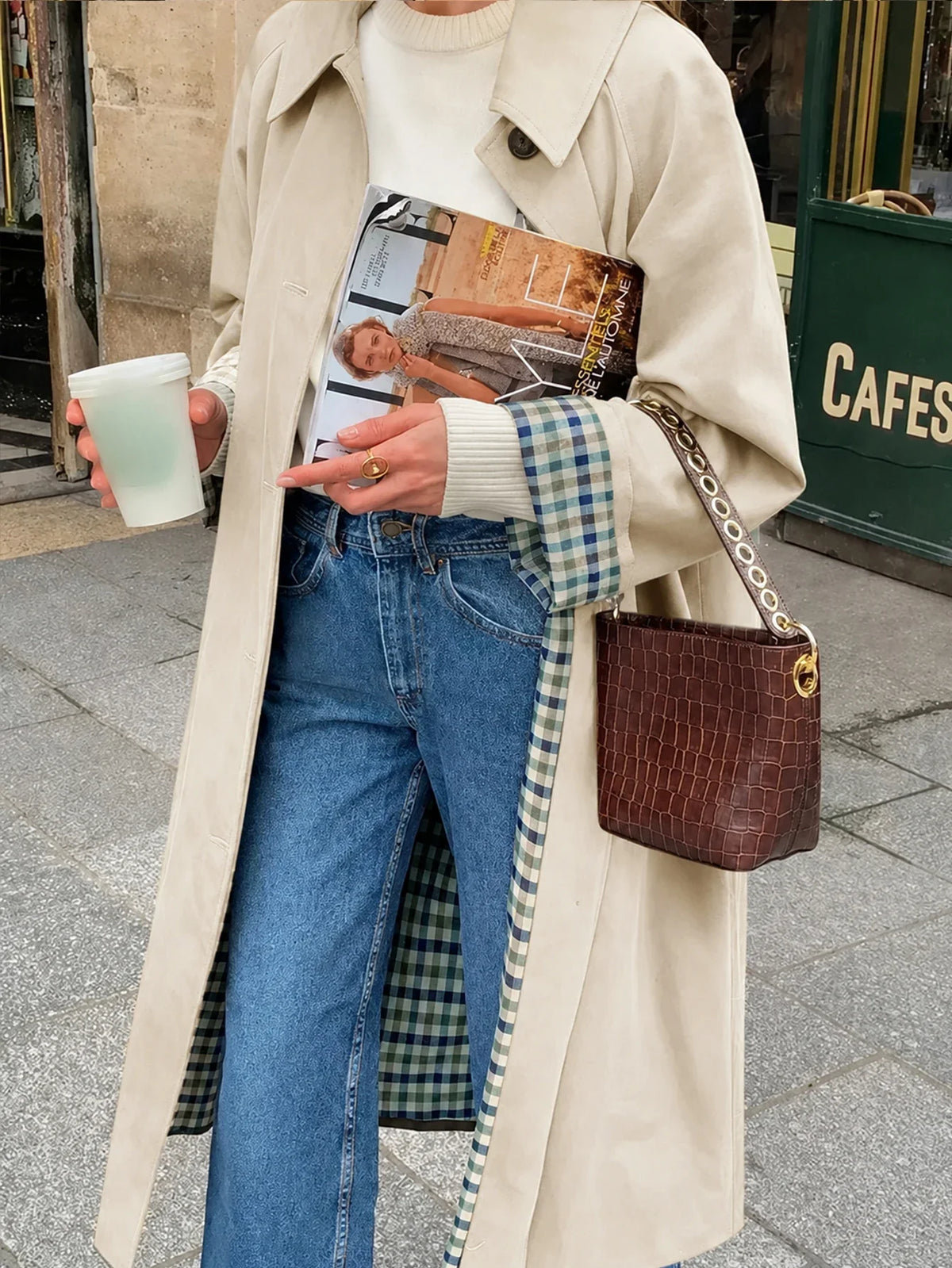 Women's Long Trench Coat, Transitional Jacket, Checked Lining