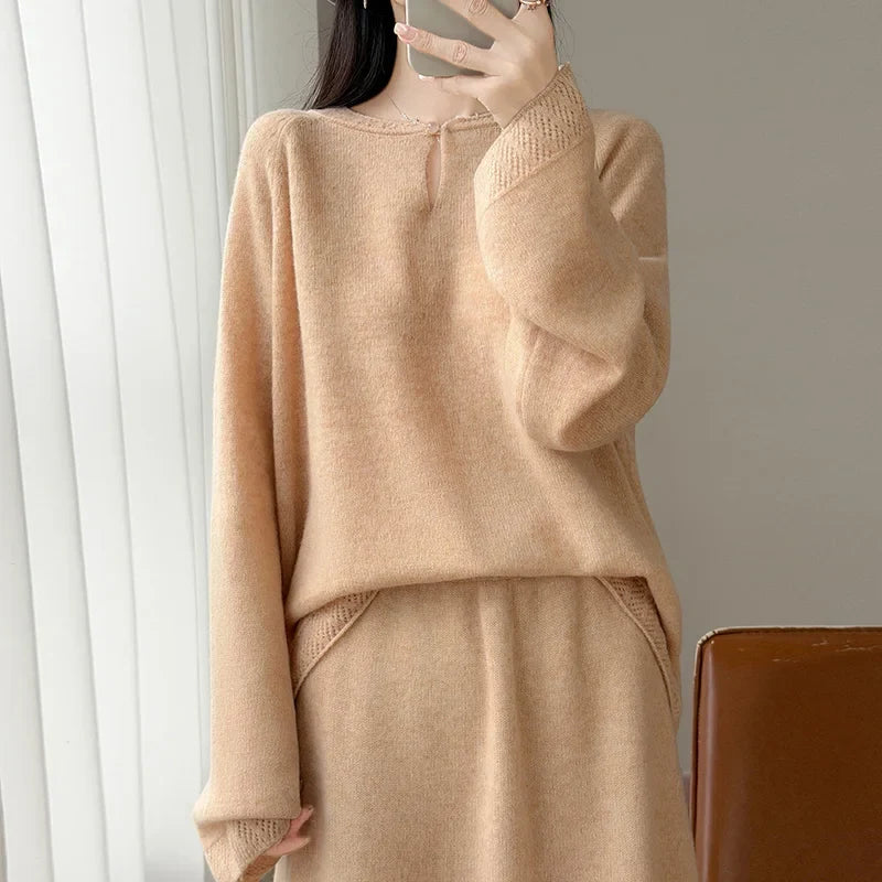 Damen Langarm Pullover mit Rundhals und Lochmusterdetails