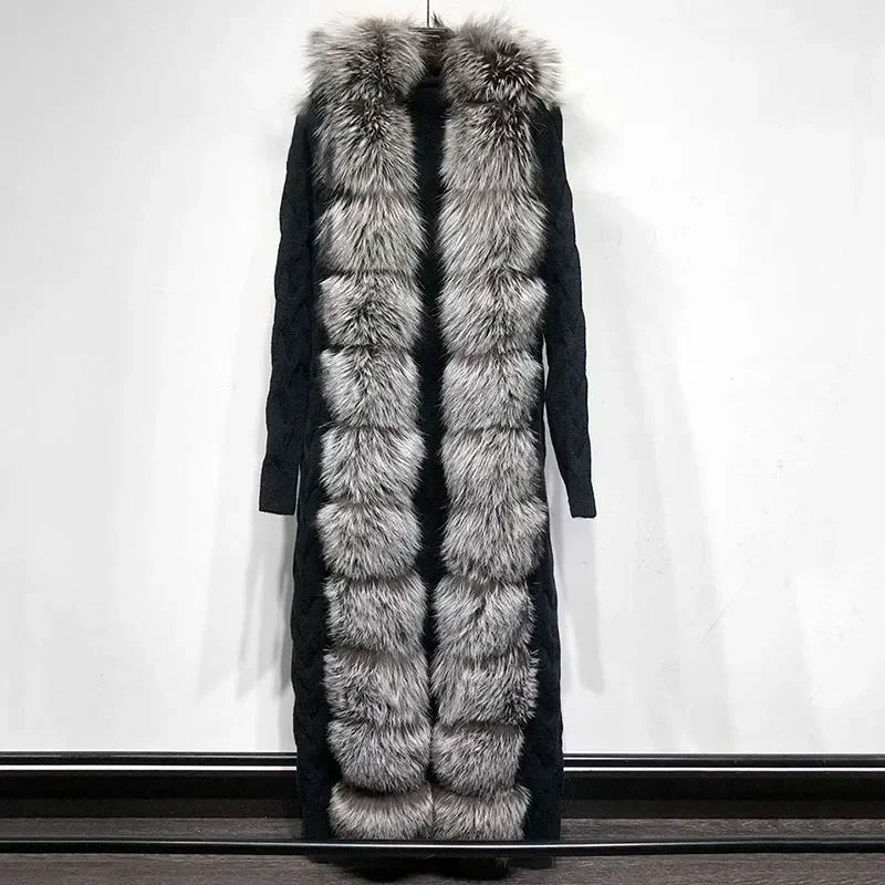 Long Knit Cardigan with Faux Fur Trim and Cable-Knit Pattern in Purple