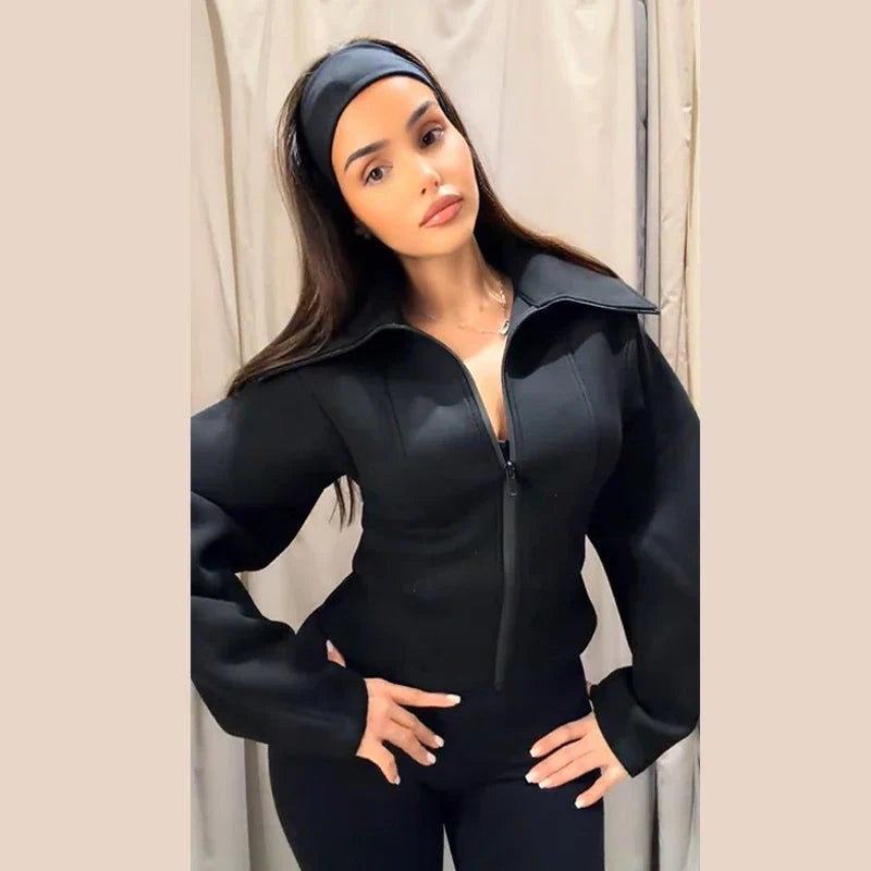 Women's jacket with zipper and stand-up collar, black