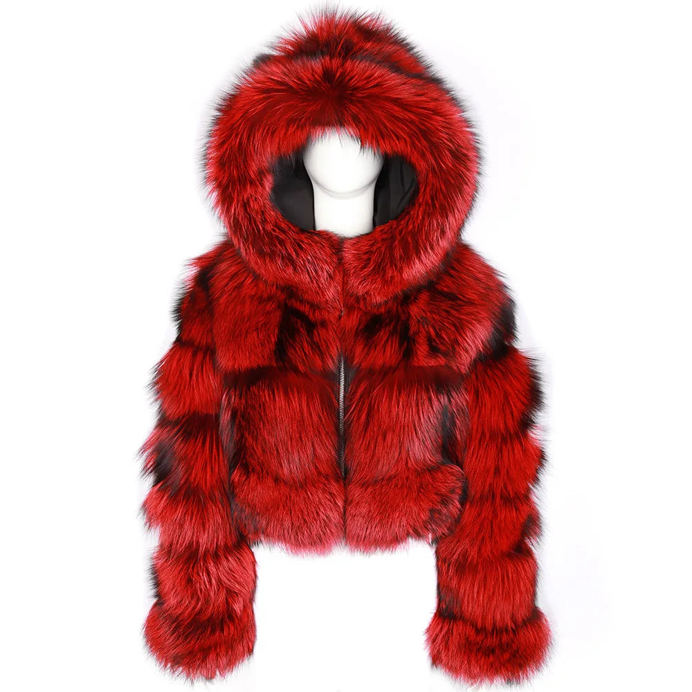 Women's short faux-fur jacket with hood and long sleeves