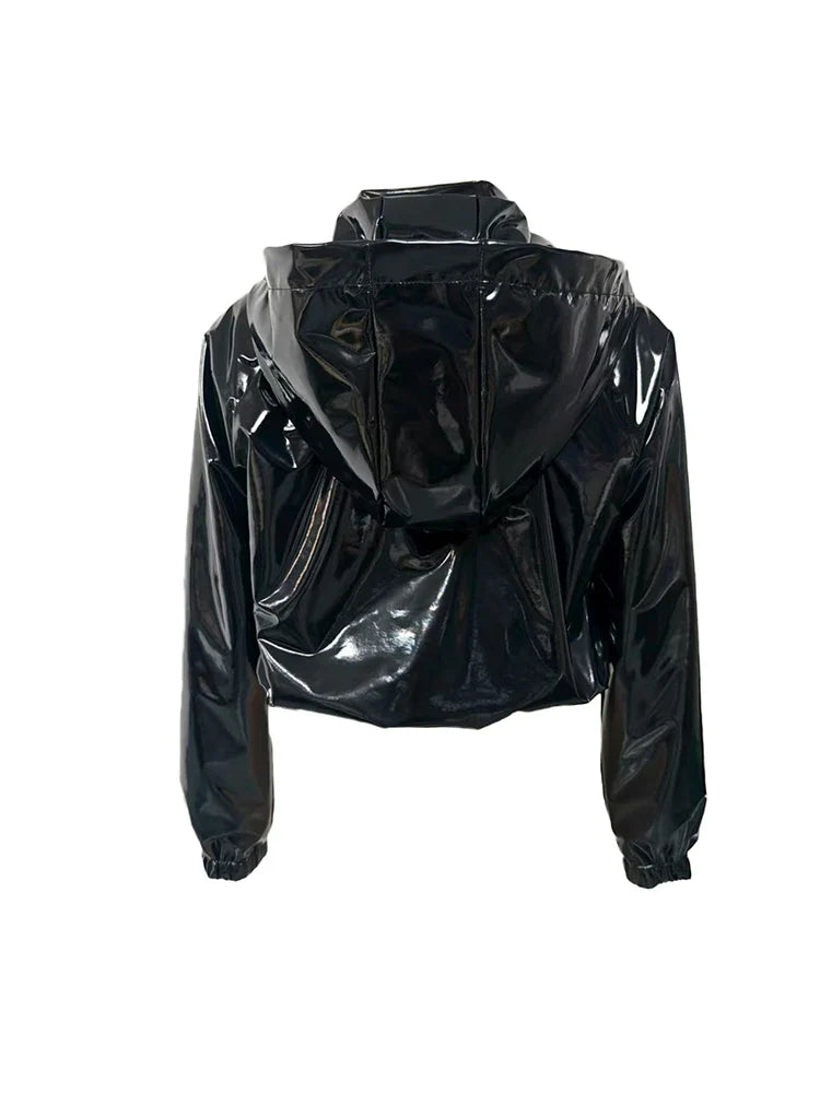 Kurze Damen Lackjacke mit Kapuze, Schwarz