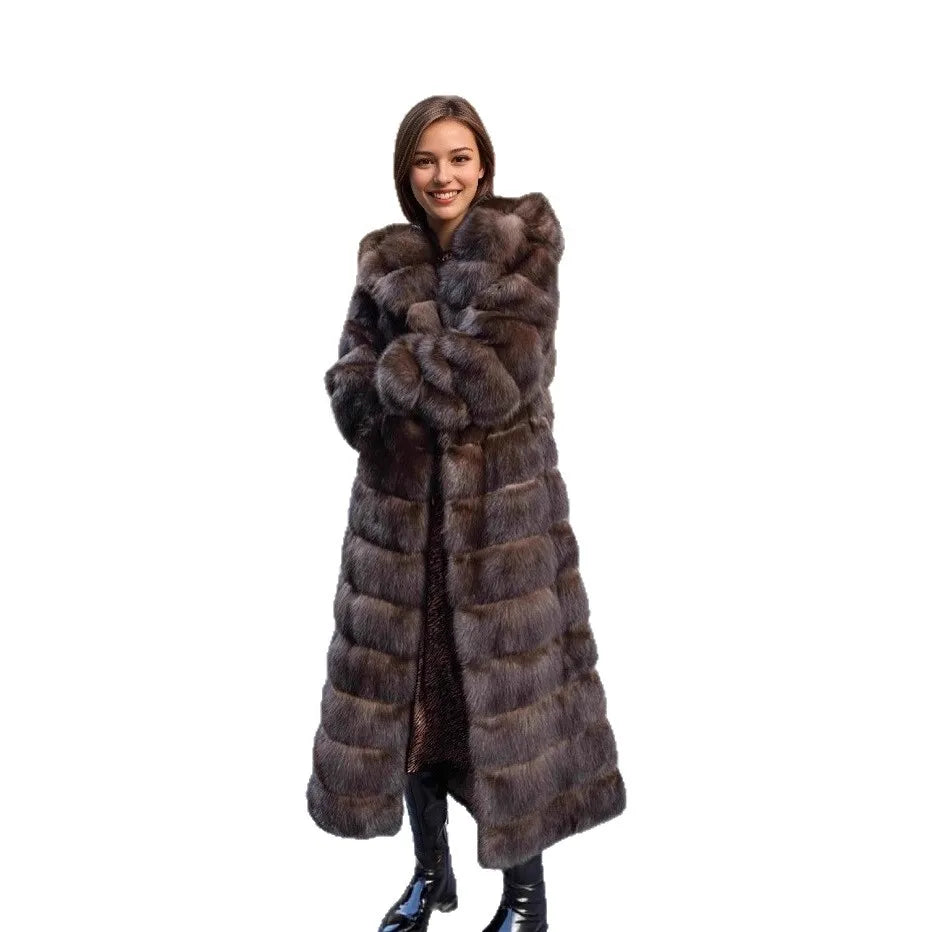 Damen Langer Mantel mit Kapuze, Braun, Kunstfell-Optik, Winter