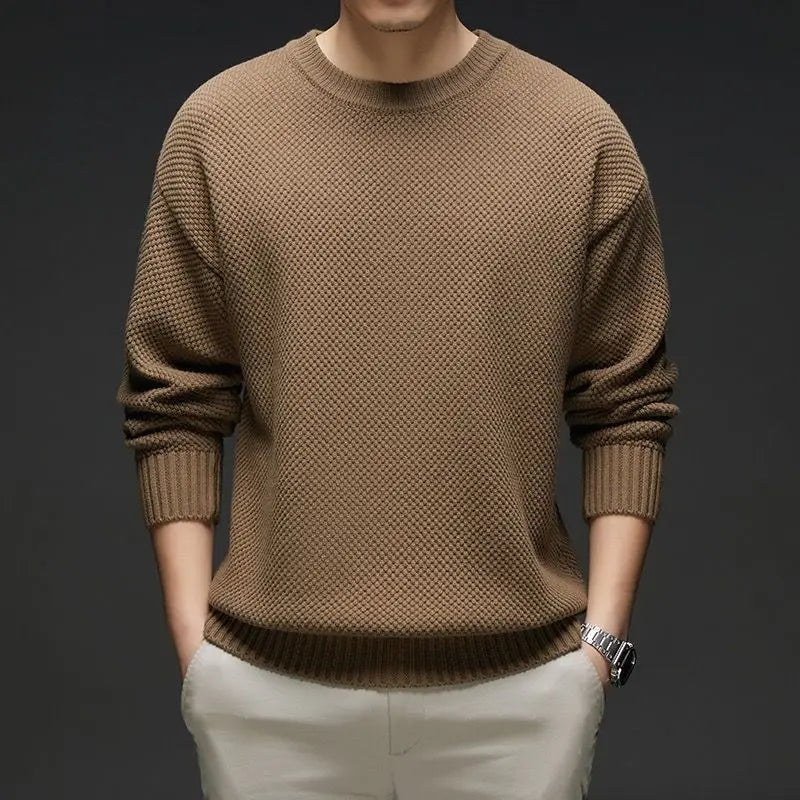 Herren Strickpullover Rundhals Grau Waffelstruktur