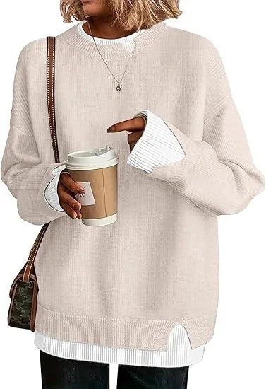Women's long-sleeve crew-neck sweater with cable-knit look and side slits