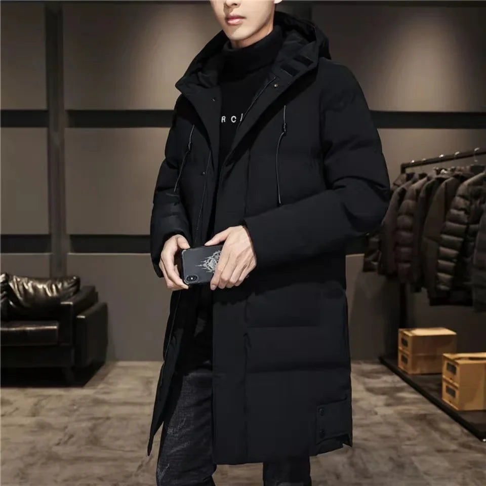 Men's long lined winter down coat with hood