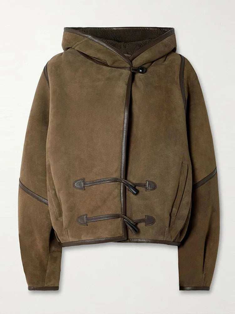 Braune kurze Kapuzenjacke mit Knebelverschluss und Innenfutter