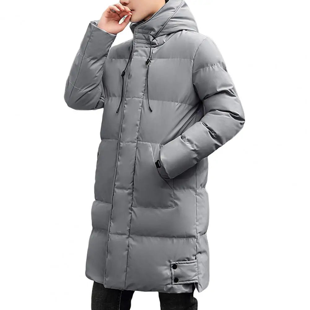 Men's long quilted coat with hood and zipper
