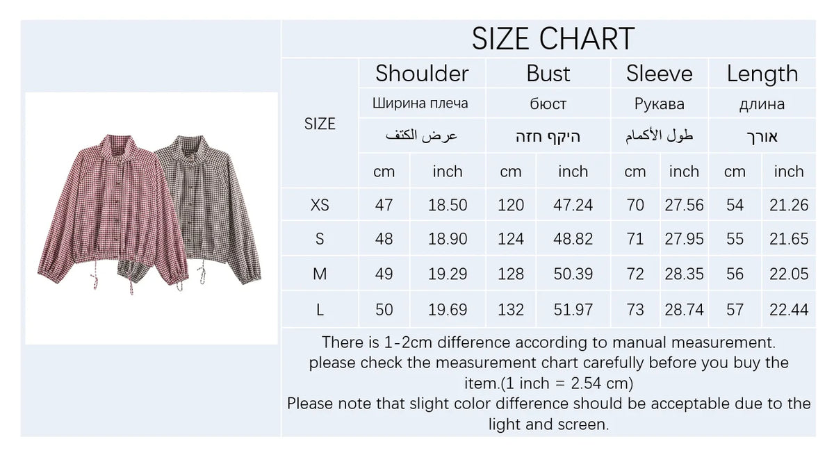 Damen Bluse mit Stehkragen und Vichy-Karo Muster – Langarm, verstellbarer Saum