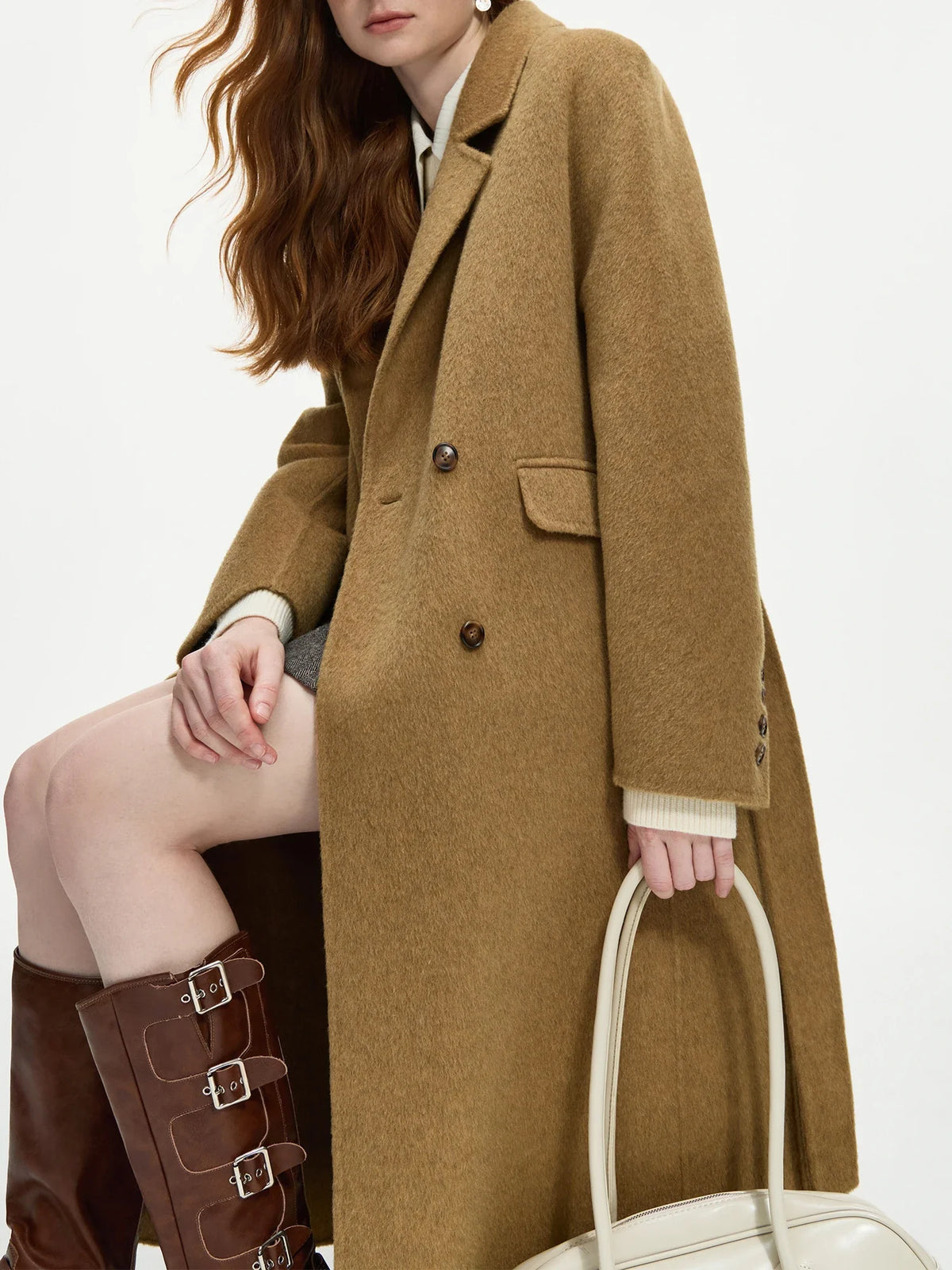 Women's long coat with tie belt and notched lapel