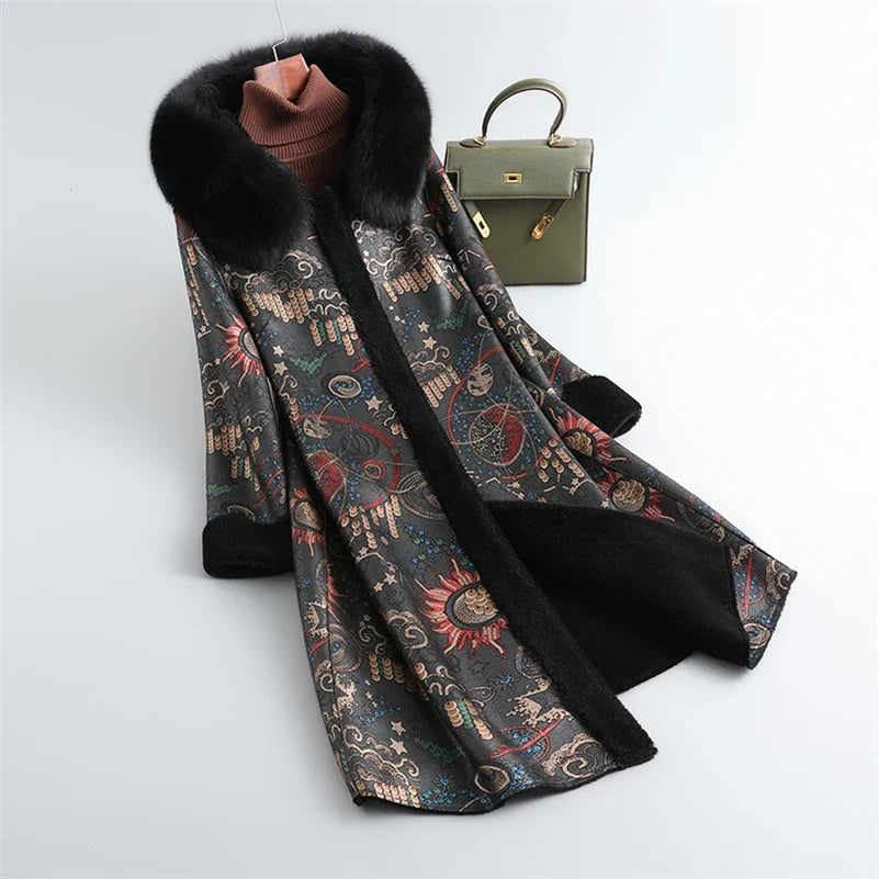 Women's Long Winter Coat with Fur Collar & Pattern Elegant Winter Jacket