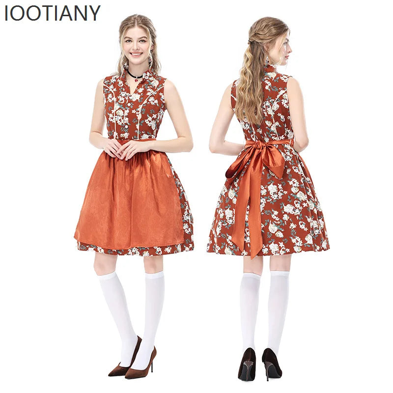Damen Dirndl Minikleid Blumenmuster Ärmellos Bluse Schürze