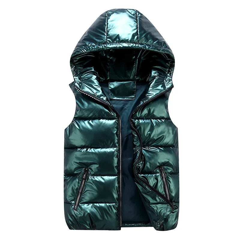 Unisex shiny hooded quilted vest, sleeveless puffer vest with zipper