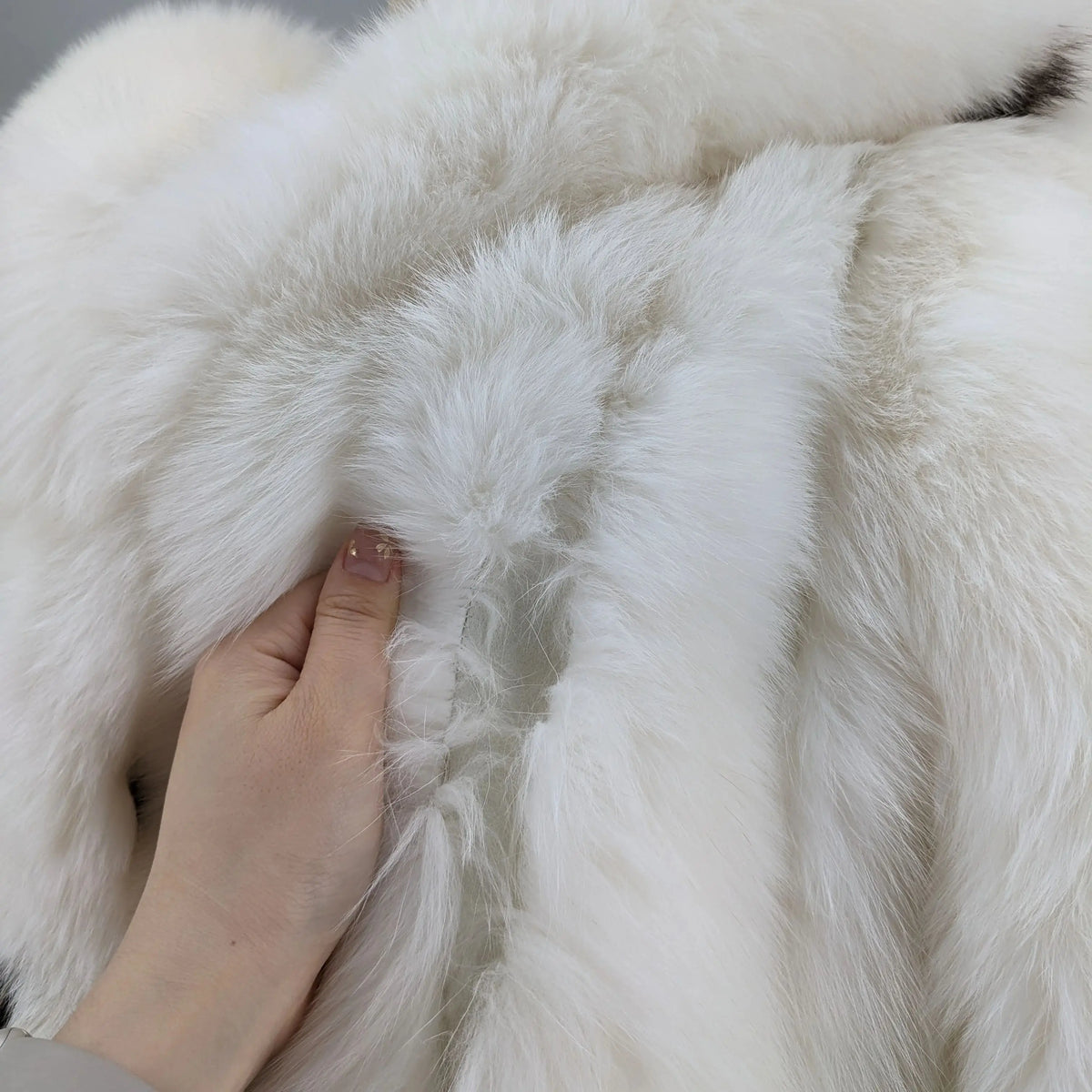 Women's luxurious white coat with hood and dark accents