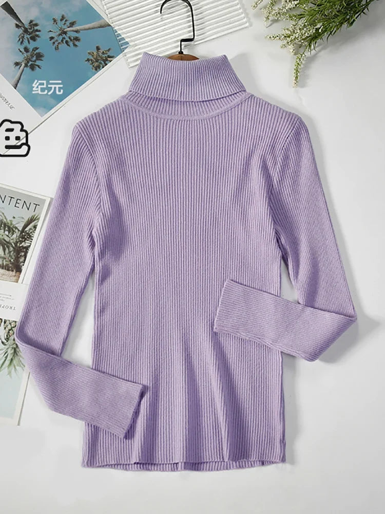 Ribbed women's basic long-sleeved turtleneck sweater