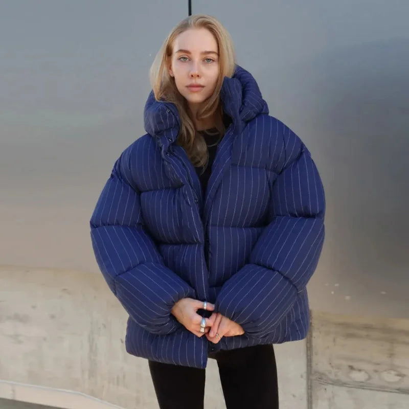 Women's striped hooded puffer jacket, black