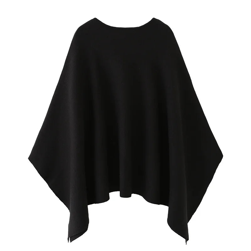 Women's poncho sweater, elegant crew-neck knitted poncho in black or brown
