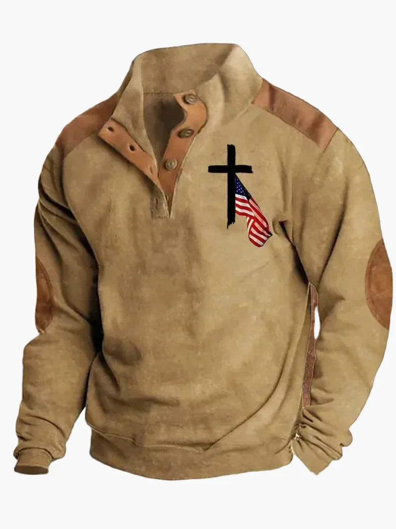 Herren Pullover im Cowboy Western Stil mit Digitaldruck und Stehkragen – Perfekt für Outdoor und Freizeit