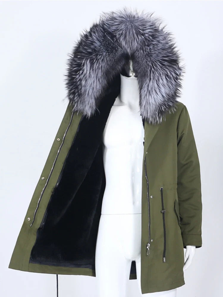Women's winter parka with hood and fur trim, warm jacket, unisex
