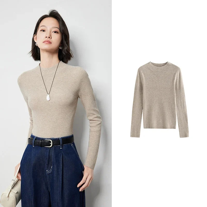 Women's Long-Sleeve Sweater Mock Neck Crew Neck Basic Top in Various Colors