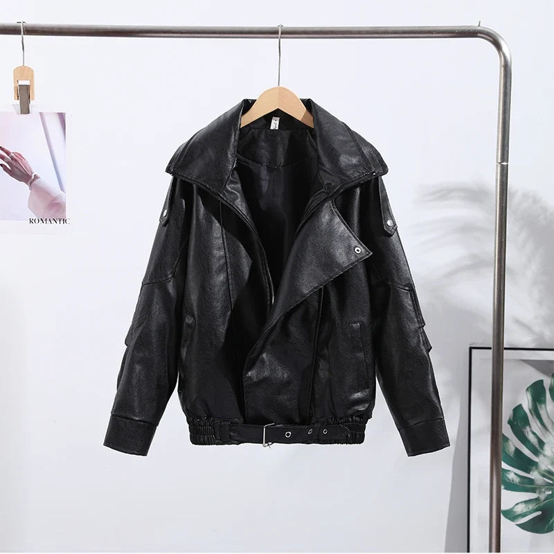 Women's short leather-look bomber jacket with stand-up collar