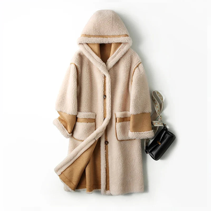 Women's long teddy-fleece coat with hood and button closure, winter jacket