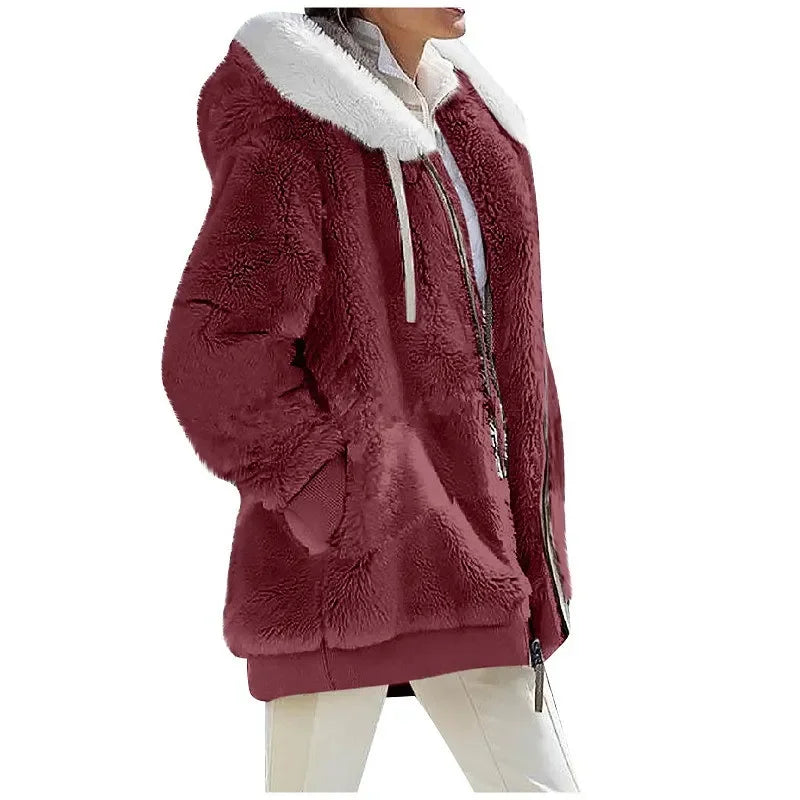 Teddy-Fleece Jacke mit Kapuze und Reißverschluss