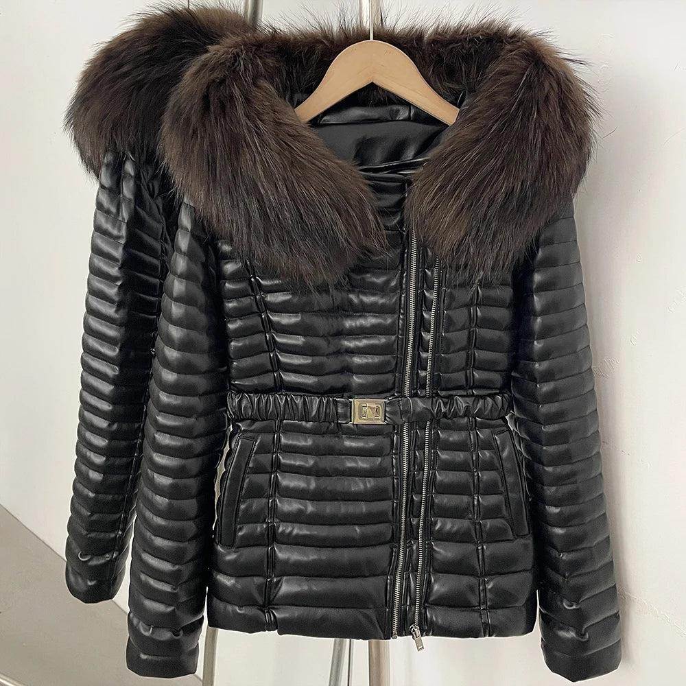 Damen Winterjacke Schwarz gesteppt mit Pelzkragen und Gürtel