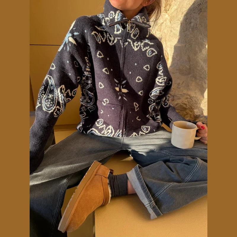 Women's knitted cardigan with a zipper, high collar, and bandana pattern