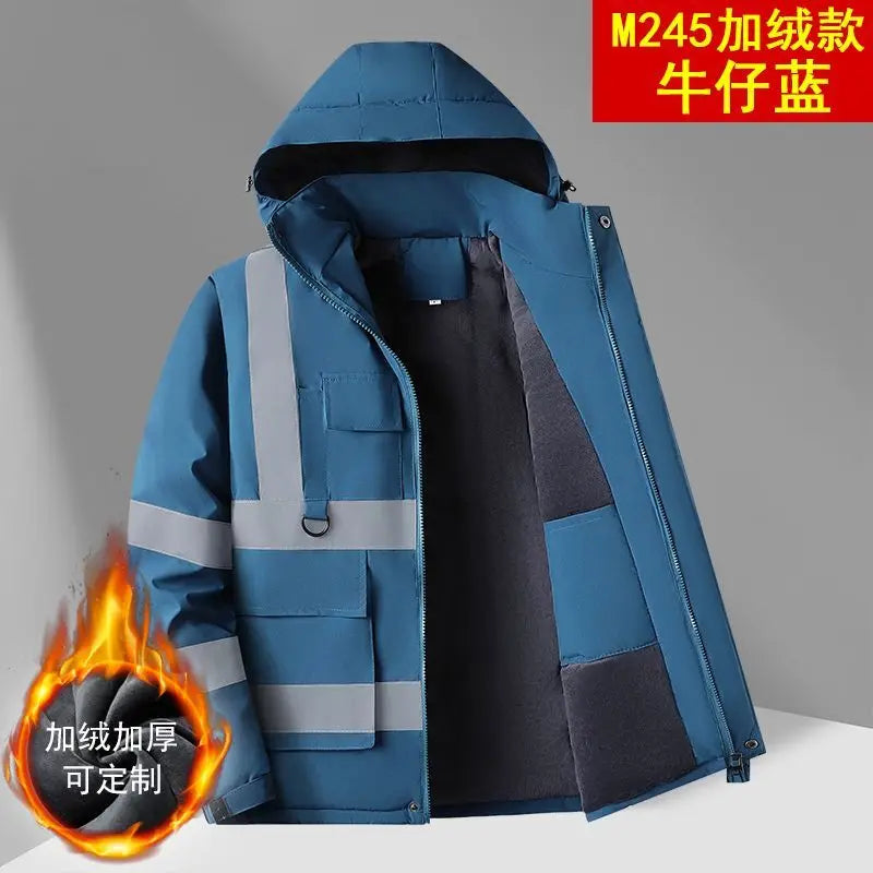 Men's winter work jacket with fleece lining, reflective stripes, and hood