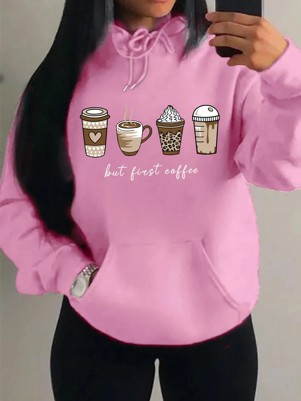 Women's hoodie with coffee cup print, hood, and kangaroo pocket