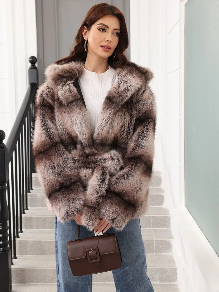Women's striped faux-fur jacket with hood and tie belt