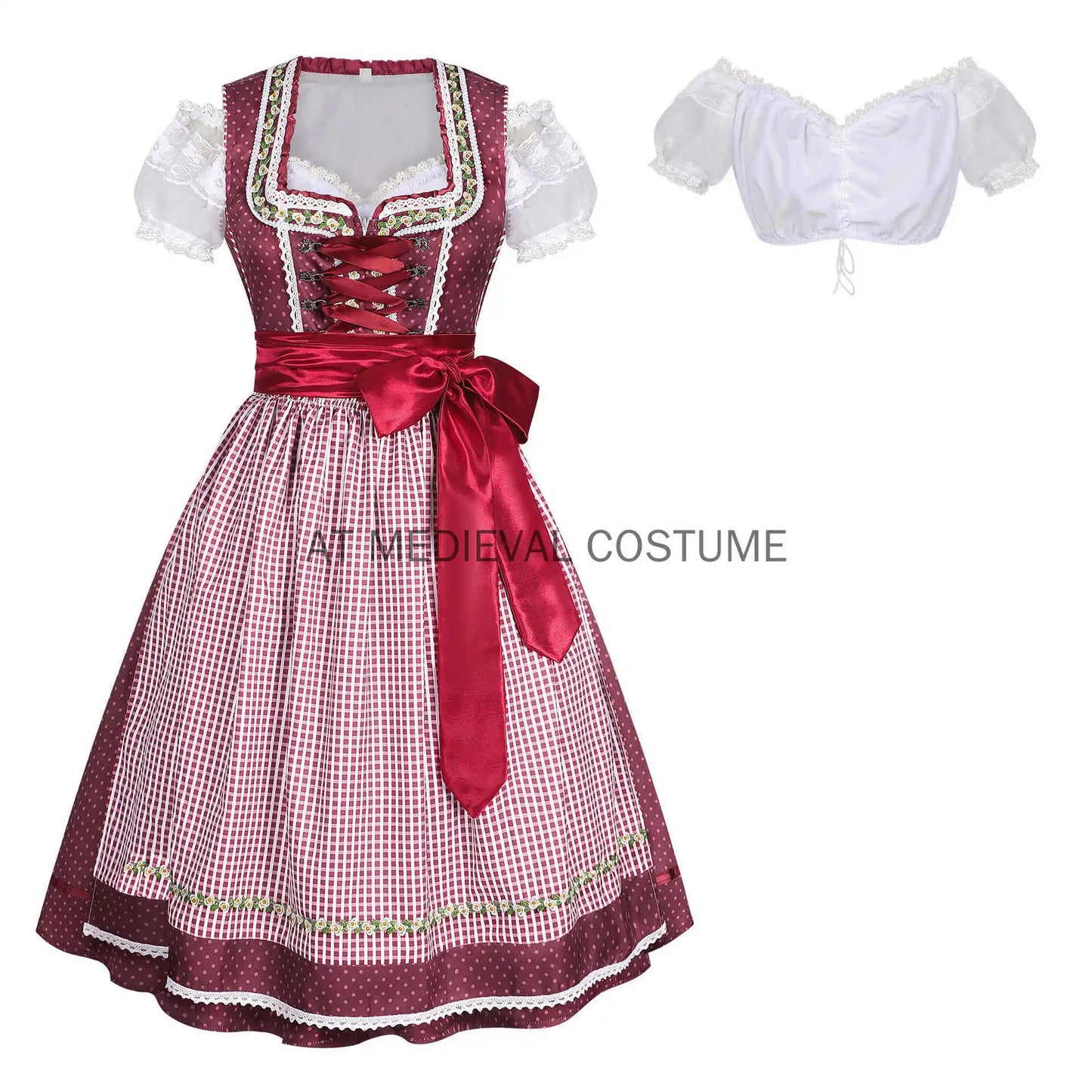 Damen Dirndl Midi Rot Gepunktet Kariert mit Bluse und Schürze
