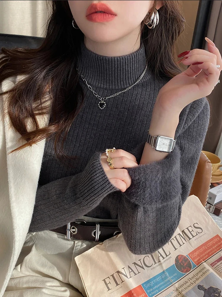 Damen Rollkragen Rippstrick Pullover mit Plüschfutter