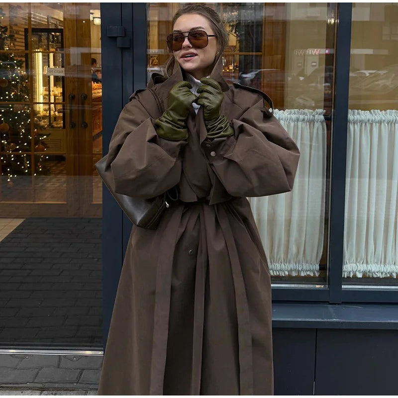 Women's long transitional trench coat with stand collar and puff sleeves