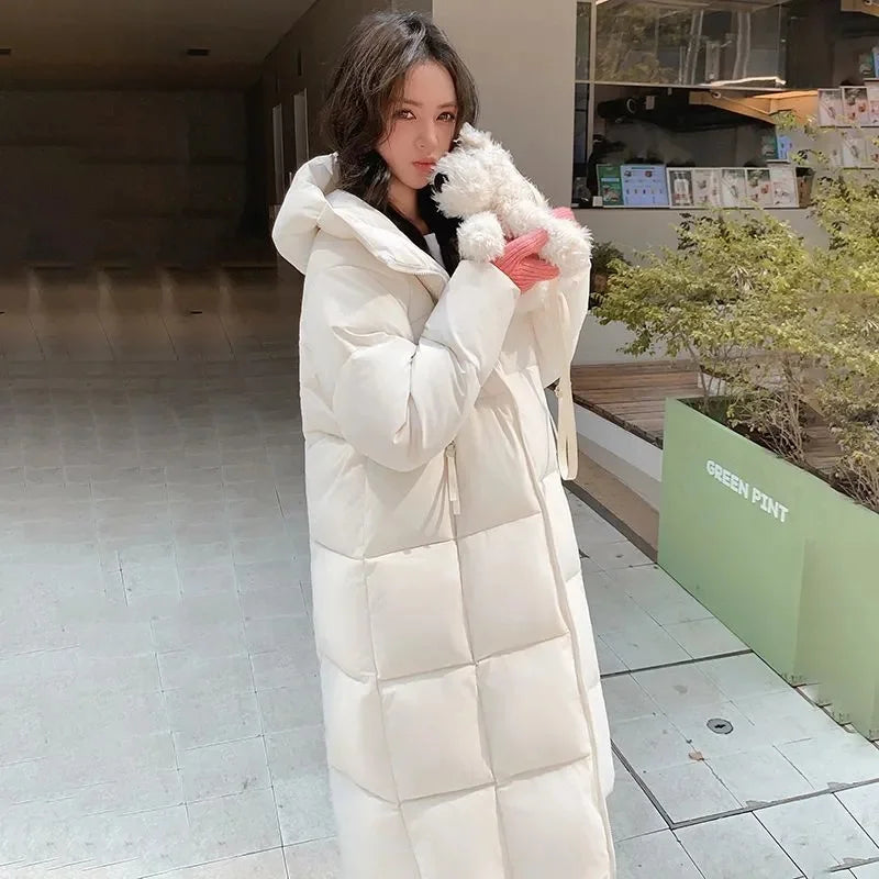 Long quilted coat with hood for women, winter