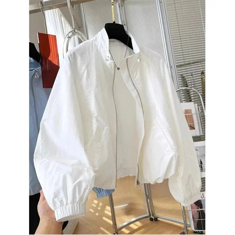 Women's lightweight short bomber jacket with stand-up collar, light blue