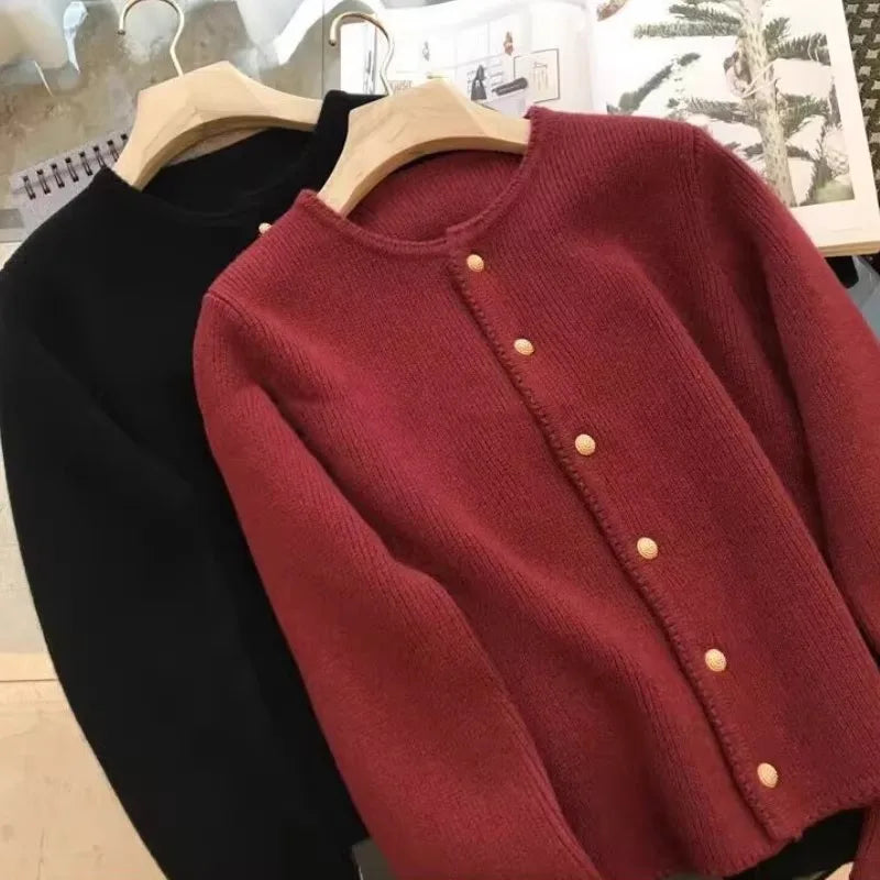 Women's Crew-Neck Long-Sleeved Knit Cardigan with Button Placket
