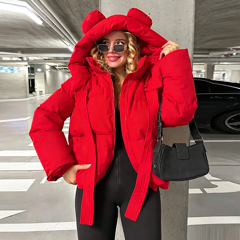 Women's short warm quilted winter jacket with hood featuring ears