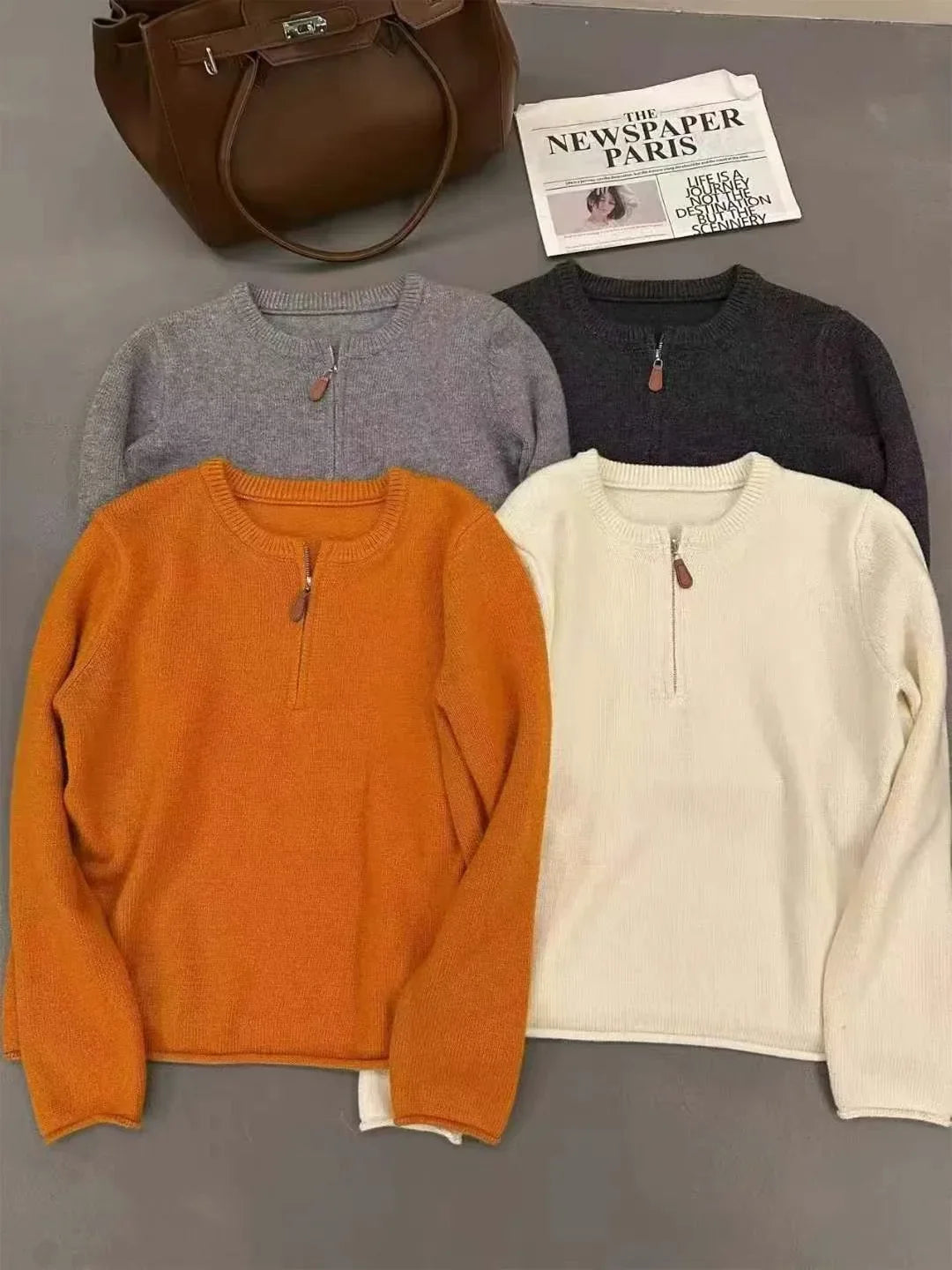 Women's Marled Sweater with Zipper Stand Collar