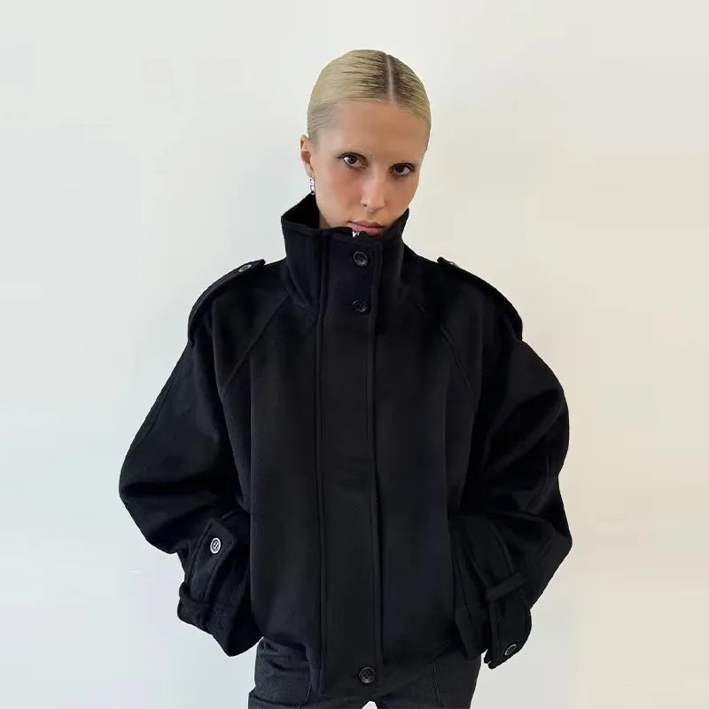 Short women's jacket with stand collar, gray and black, oversized