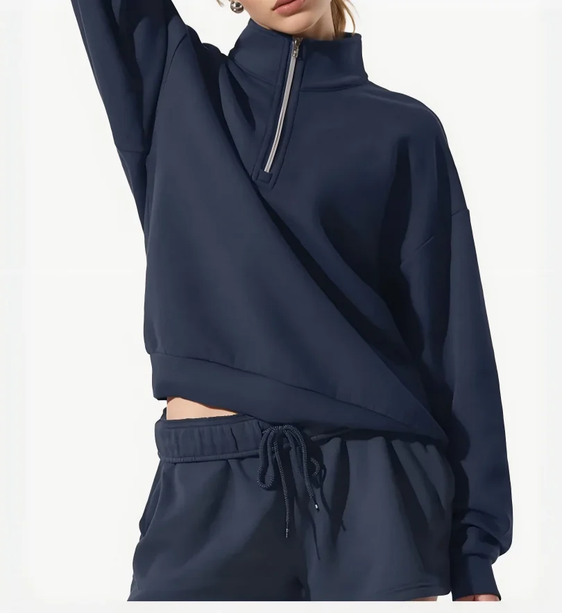 Two-piece loungewear set with stand collar and shorts, light gray