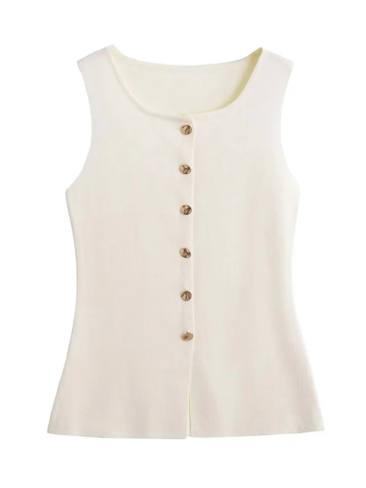 Women's sleeveless top with round neck and buttons - front slit
